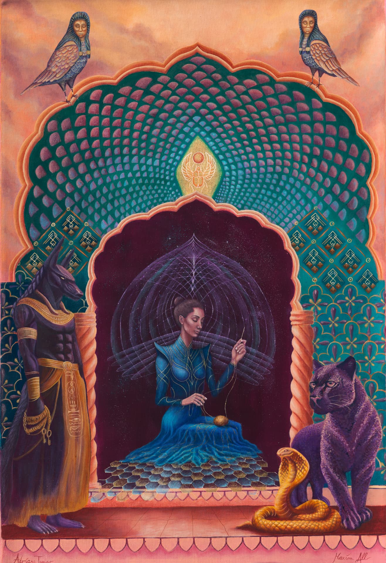 Gate of Duat — a luminous doorway flanked by Anubis, scarab and cobra, acrylic and gold leaf on canvas by Maxim All